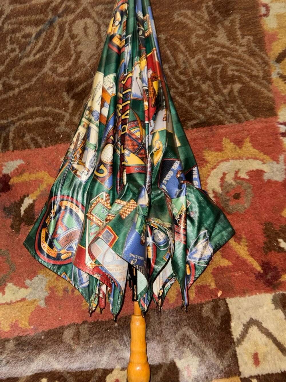 Vintage Golf Magazine Print Wooden Handle Umbrella Green